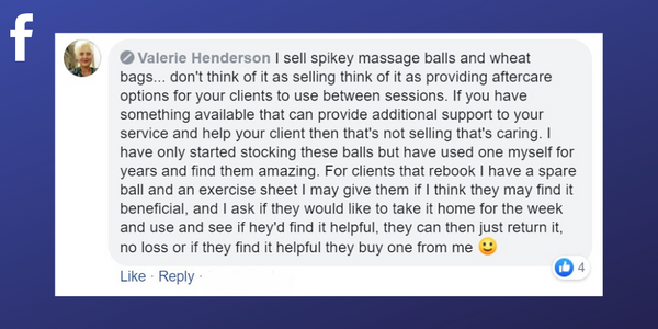 Facebook post from Valerie Henderson about selling massage spikey balls 