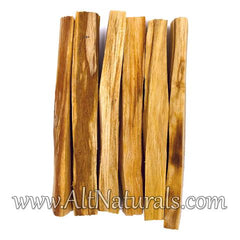 Top down view of 6 hand cut Palo Santo Wood Sticks. A watermark text covers the bottom of the incense and reads: www.AltNaturals.com