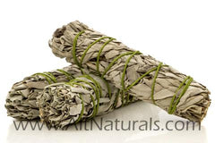 3 Bundles of White Sage wrapped in green string. One bundle rests off of another for a profile view.