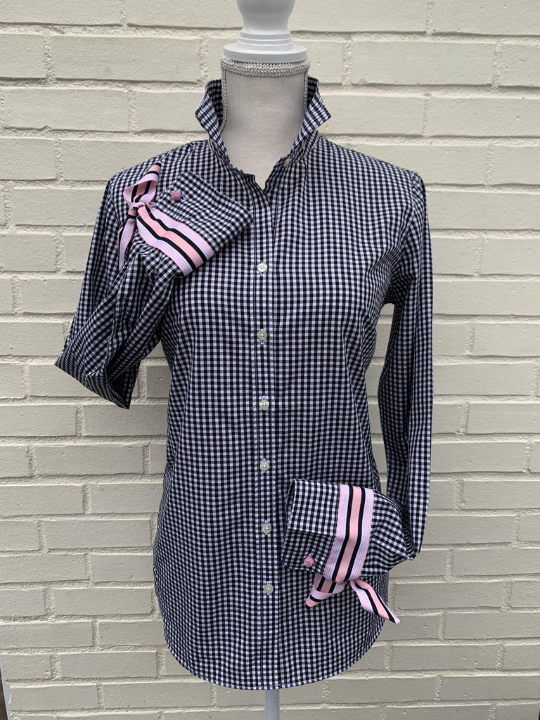 Audrey Navy Gingham Ribbon French Cuff Shirt (RFC14) Xs (0-2)