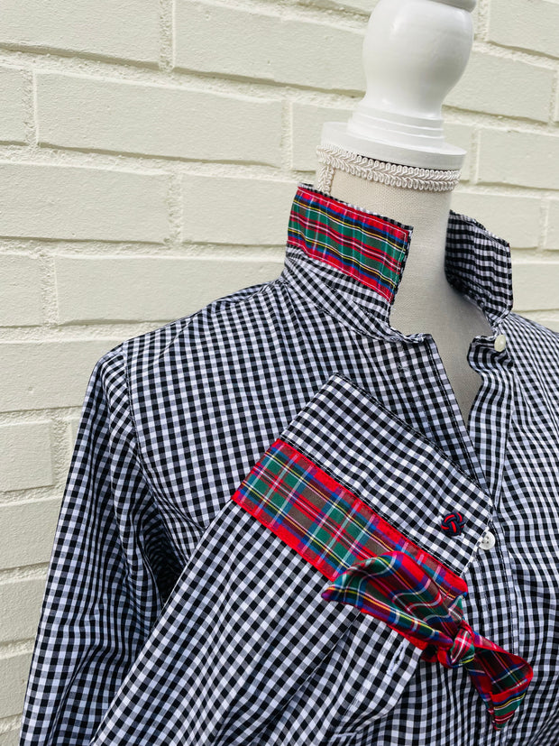 Audrey Navy Gingham Ribbon French Cuff Shirt (RFC14) Xs (0-2)