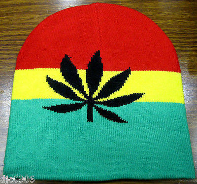 Rasta Red,Yellow,Green Large MJ Leaf  Winter Knitted Skull Beanie Ski Cap Hat