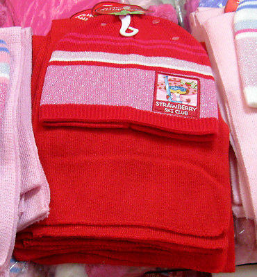 Strawberry  Shortcake Red Pink Embroidered  Beanie Hat & Matching Scarf 2pc Set