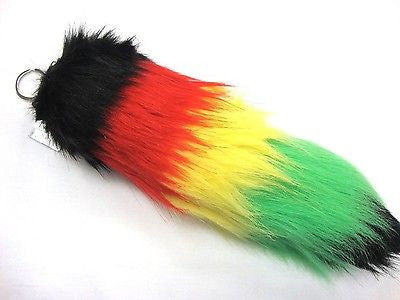 BLACK  RED YELLOW GREEN STRIPS FAUX FOX TAIL KEYCHAIN PURSE TASSLE BELT CLIP 12"