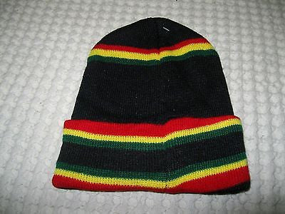 Rasta Red,Yellow,Green Stripes Strip on Black Knitted Skull Beanie Ski Cap-New!