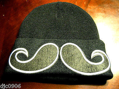 Unisex Warm Large Mustache  Design on Black Knit Cuff Skull Beanie Ski Cap-New!!