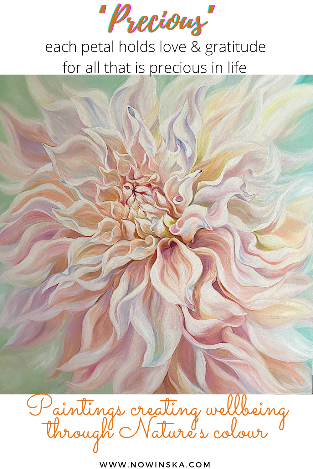 big peach dahlia flower painting by anita nowinska