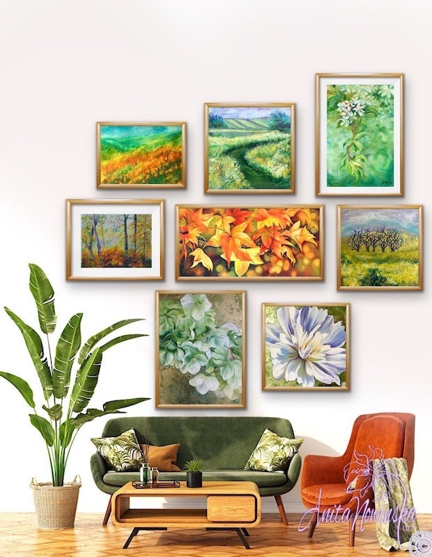 Green & Burnt orange theme gallery wall