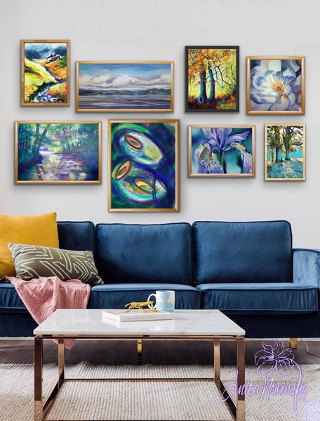 navy blue living room accents with a gallery wall