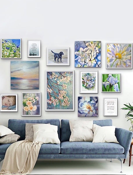 relaxing blues gallery wall for living room decor by anita nowinska