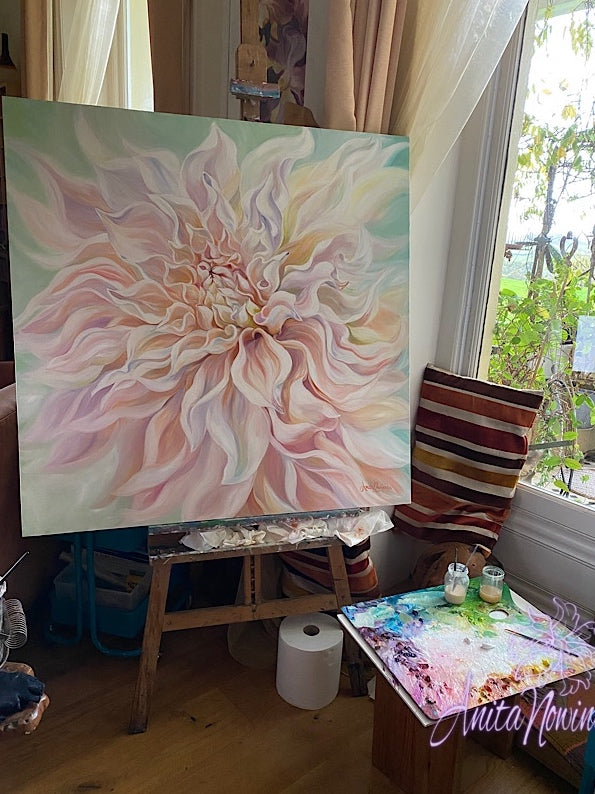 big pale peach dahlia painting on canvas by Anita Nowinska