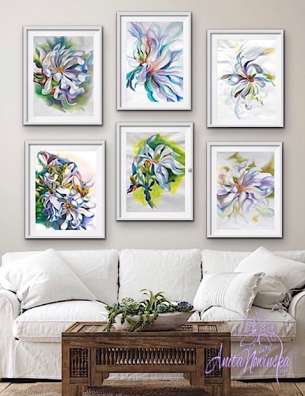 gallery wall for living room decor of magnolia flower drawings