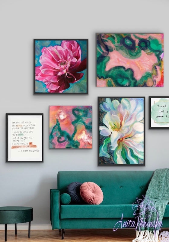 how to hang a Teal & pink themed gallery wall