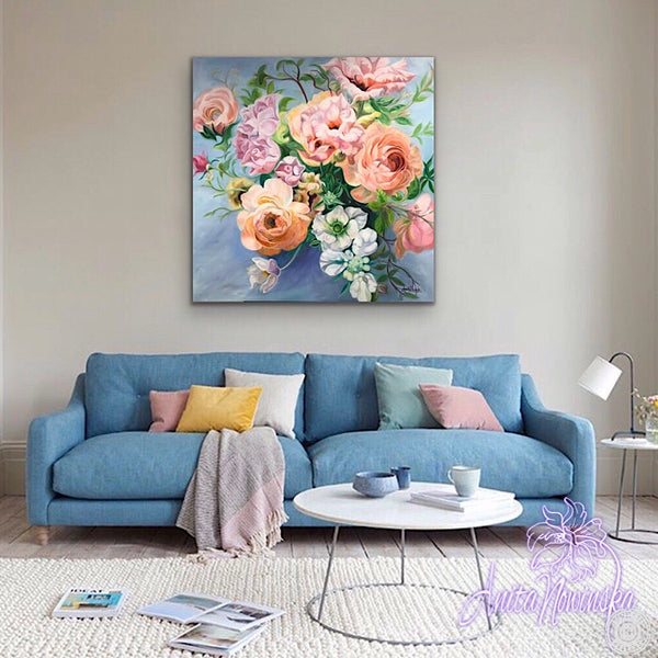 Amour- Bouquet Flower Painting- ranunculus, lisianthus & roses, oil on ...