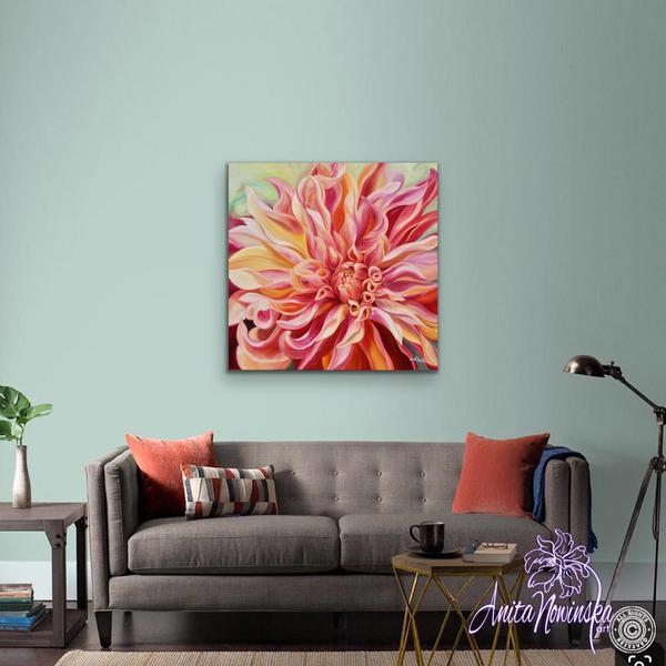 Labyrinth Peach Dahlia Flower painting oil on canvas Anita Nowinska