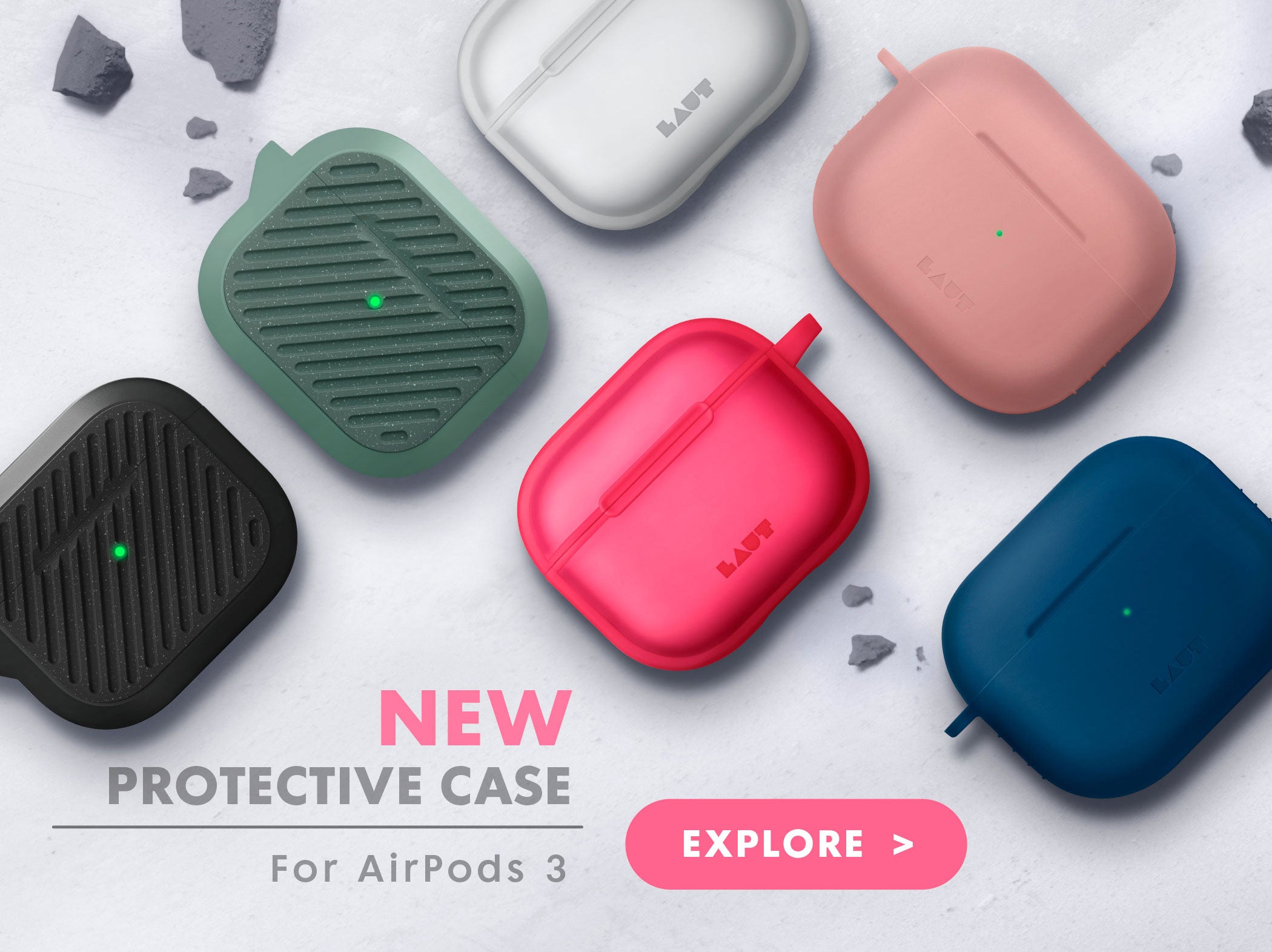 New Protective Cases for AirPods 3. Button saying Explore. Then many AirPods in different colored cases are laying around the text