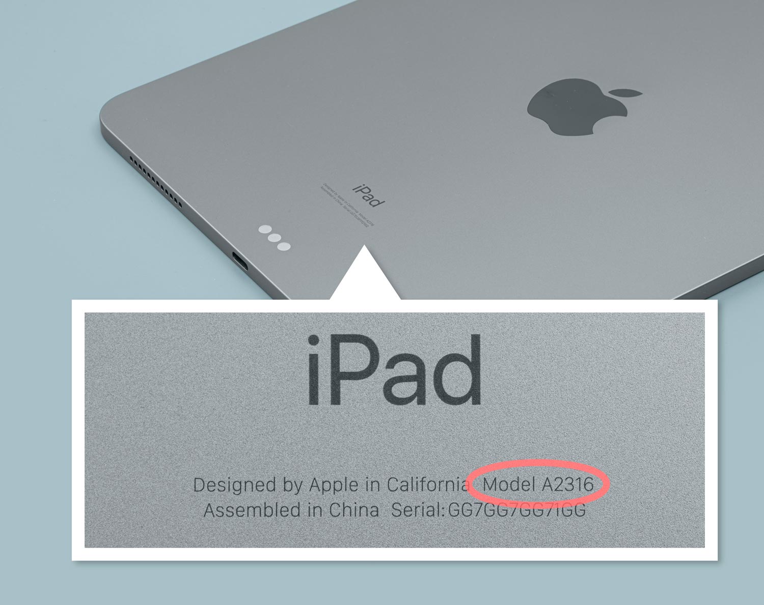 Flip your iPad over, and find the ‘iPad’ label on the bottom.