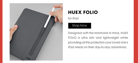 Header: HUEX FOLIO for iPad Pro. Body Text: Designed with the minimalist in mind, HUEX FOLIO is ultra slim and lightweight while providing all the protection your loved one’s iPad needs on their day-to-day adventures.