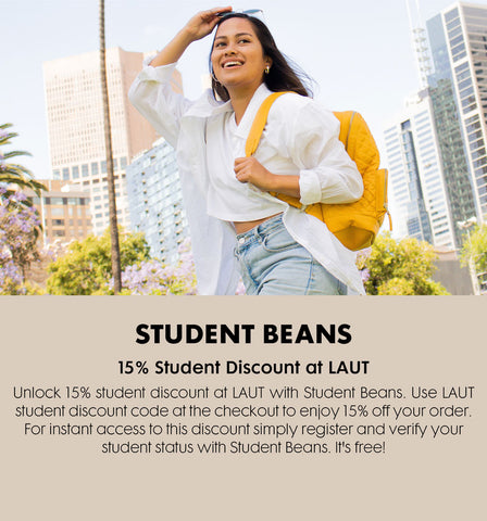 STUDENT BEANS 15% Student Discount at LAUT Unlock 15% student discount at LAUT with Student Beans. Use our LAUT student discount code at the checkout to enjoy 15% off your order. For instant access to this discount simply register and verify your student status with Student Beans. It's free!