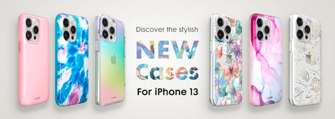 iPhone 13 cases lined up with text in the middle saying discover the stylish new cases for iPhone 13