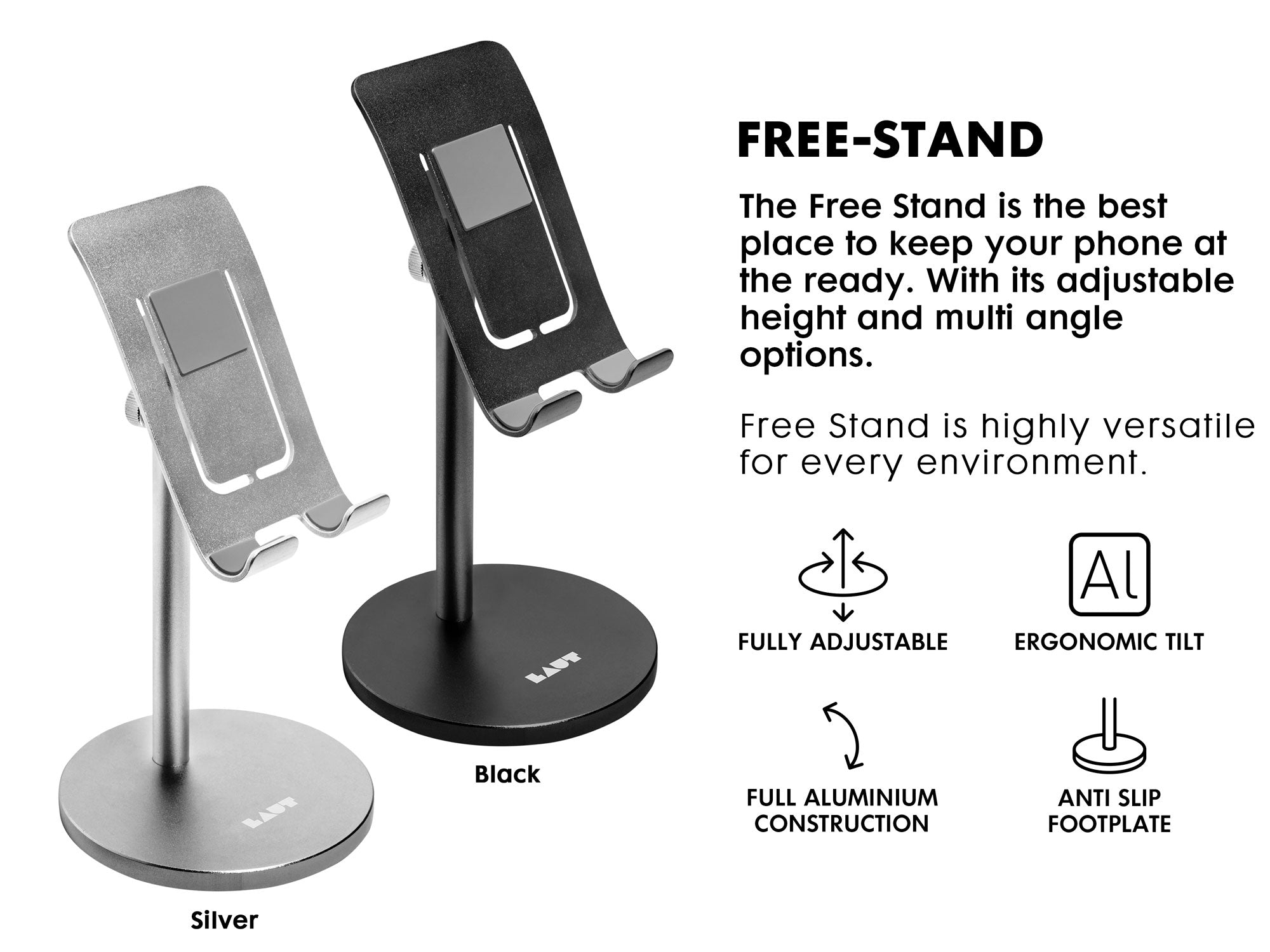LAUT Free Stand Cell Phone Stand, Adjustable Phone Holder Stand for Desk, Universal Desktop Stand Tablet Stand