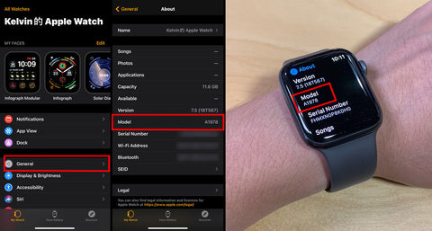 One photo shows what the Apple Watch App looks like, and the second photo shows an arm with an Apple Watch and the About section up. Both show where to find the model number for the Apple Watch
