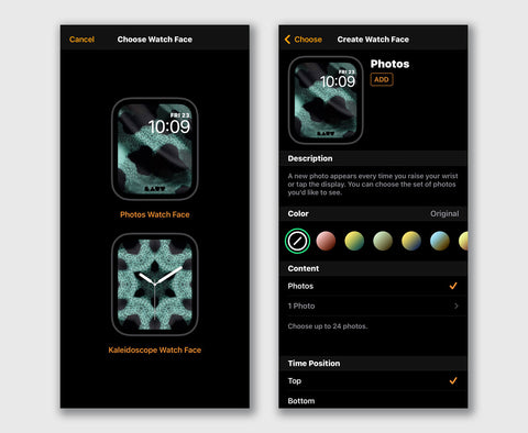 Two screen shots showing Apple Watch Face changes and the selection process