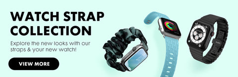 Watch Strap Collection: Explore new looks and styles with our watch strap collection, with a button saying view more. Three apple watches are present on the side with one being made of fabric, one silicon, and one leather