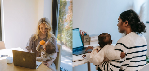 Two Women Working on Laptops while Holding Small Children