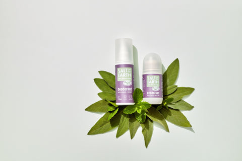 A picture of our Clary Sage and Mint refillable natural deodorant spray and roll on