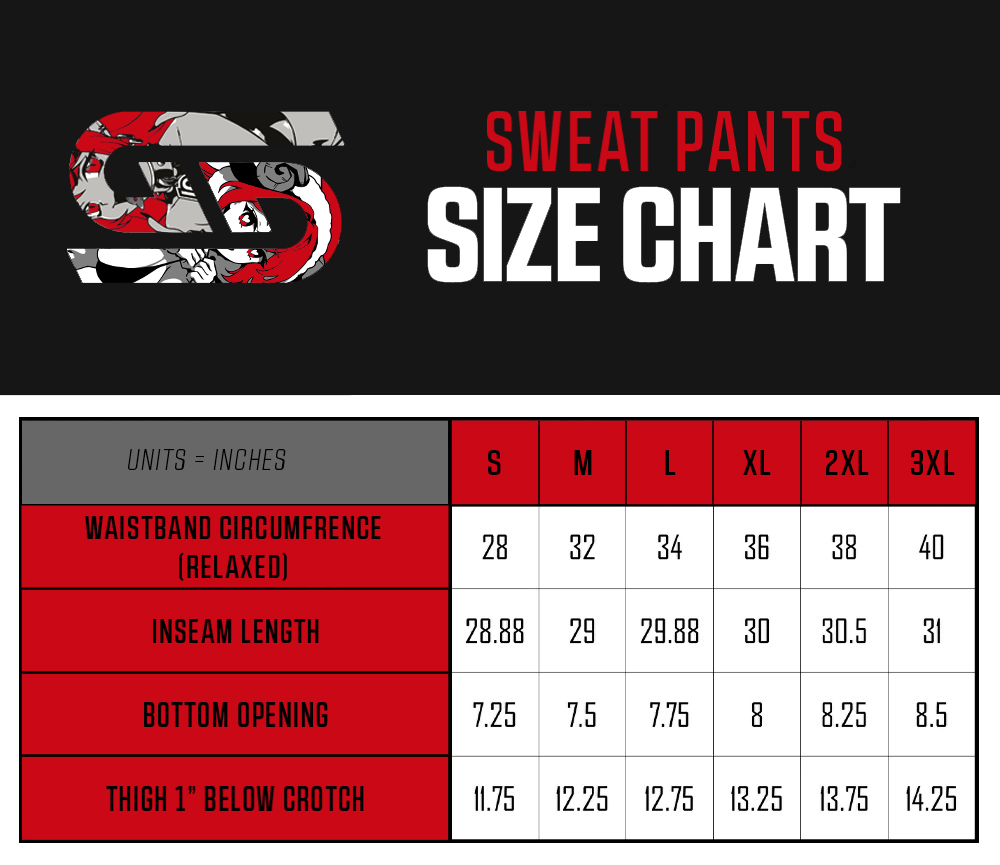 Sweatpants size chart