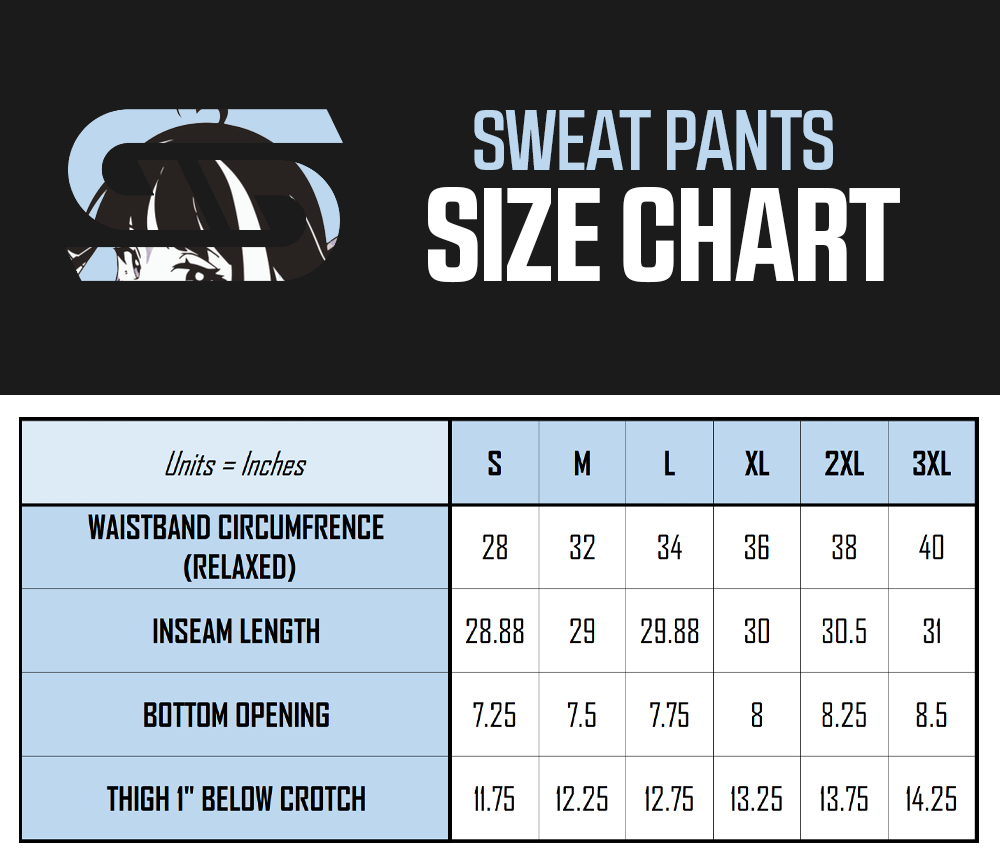 Shylily sweatpants size chart