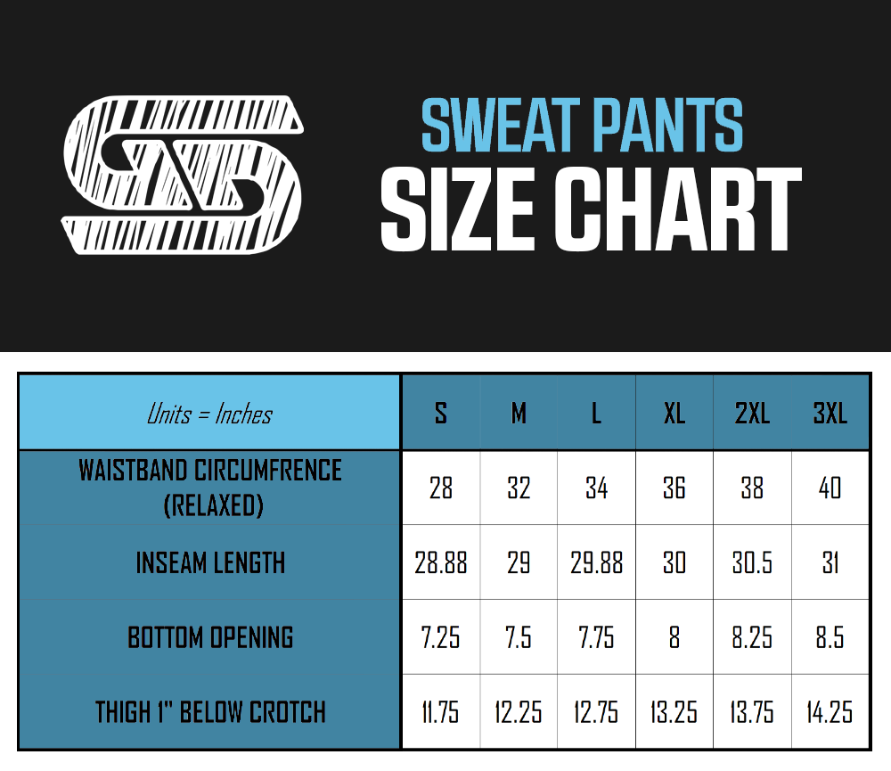 Vei sweatpants size chart