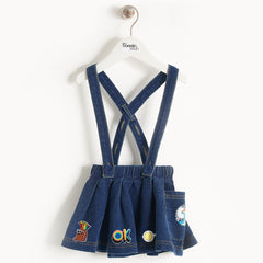 KIDS DENIM SKIRT WITH BRACES AND BADGES
