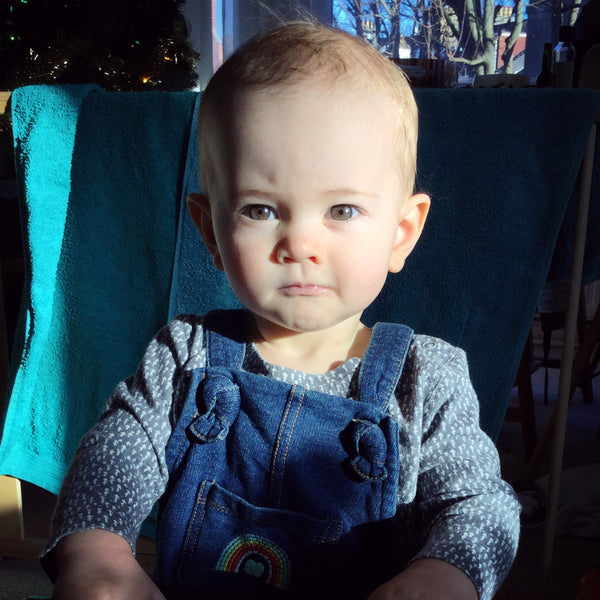 Luther in The bonnie mob's Maverick denim baby dungarees