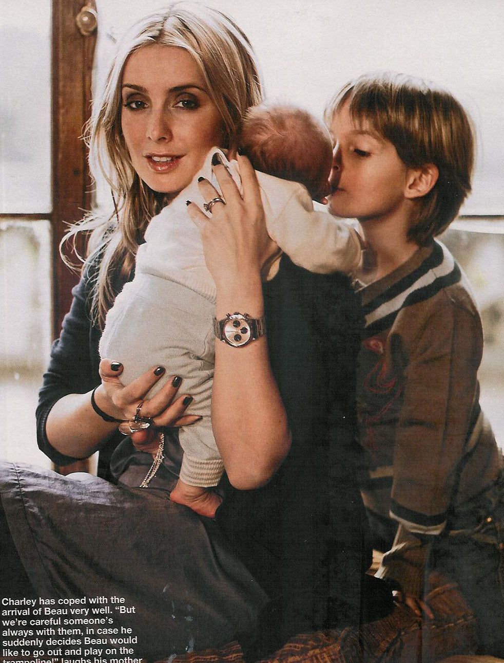 Louise Redknapp and new born baby wearing Bonnie baby, with son Charley