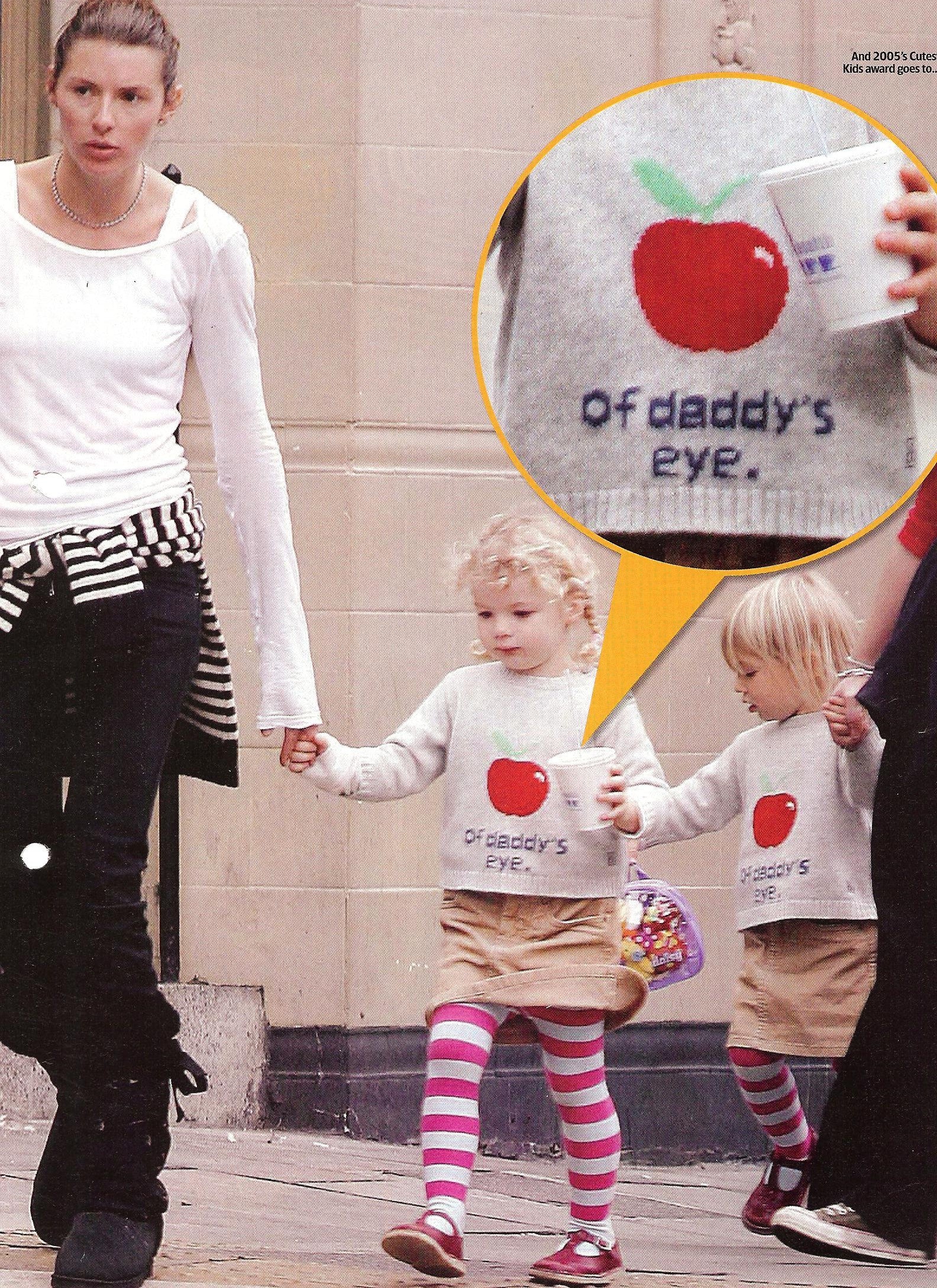 Jules Oliver and kid wearing Bonnie baby's Apple of daddy's eye sweater