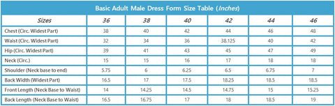 Male Dress Form Size Table
