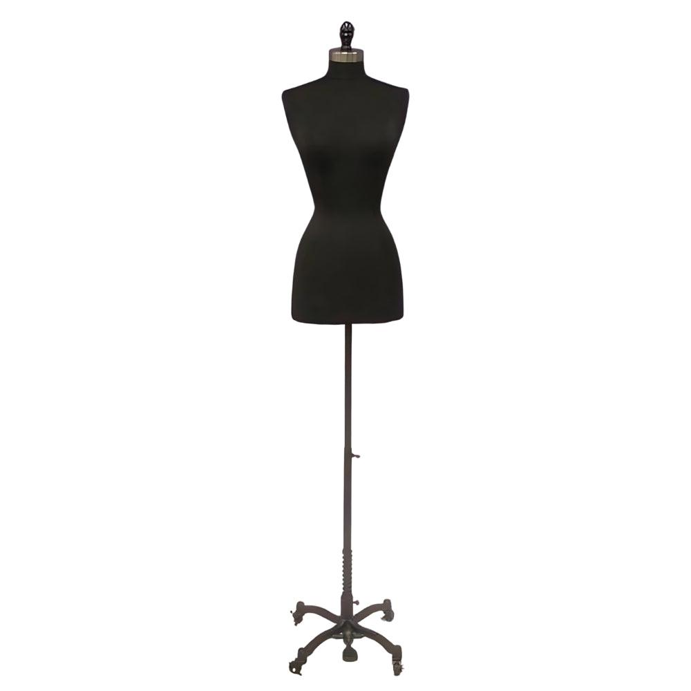Female Dress Form with Black Metal Acorn Neck Block and Wheeled Base