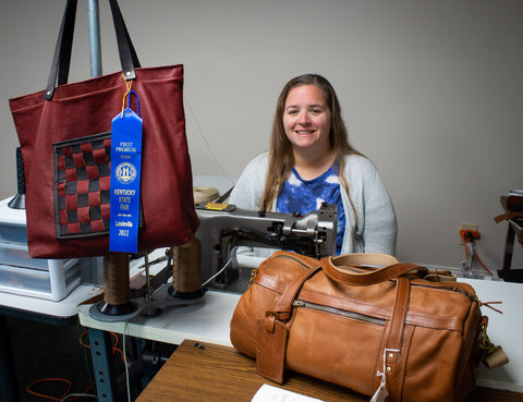 Meghan with her prize winning hand stitched Market Bag and Duffel Bag- Steurer & Jacoby