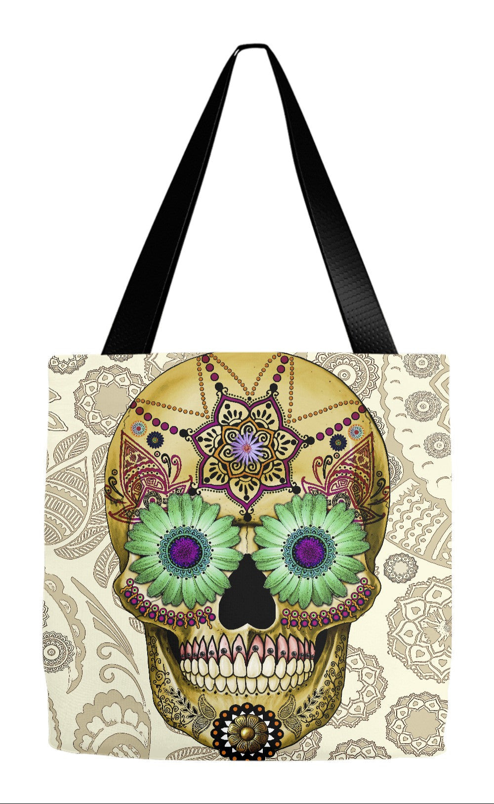 Tan Paisley Sugar Skull Day of the Dead Art Tote Bag - Sugar Skull Bon ...