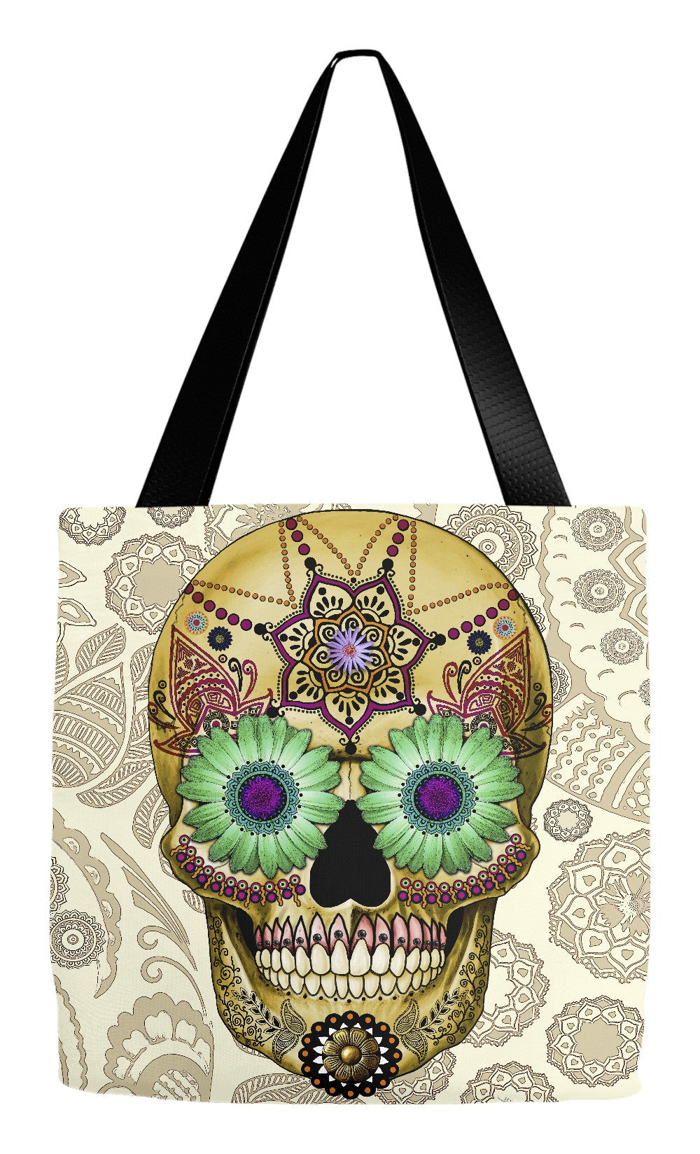 Tan Paisley Sugar Skull Day of the Dead Art Tote Bag - Sugar Skull Bon ...