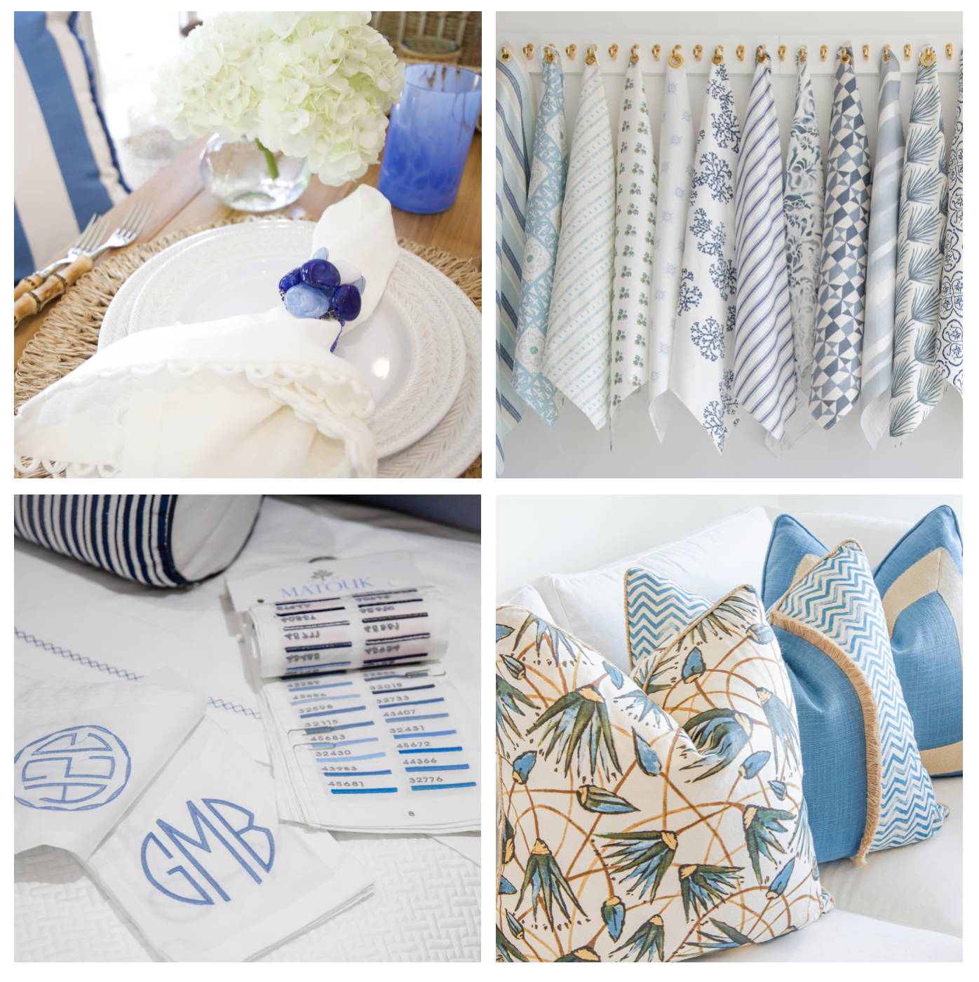 photos of blue and white place setting, hanging fabric swatches, swatches of Matouk monogram samples, and 3 blue/green/tan pillows