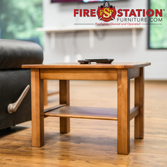 sturdy fire department furniture wooden end table in day room light pine varnish finish fire station living room furniture