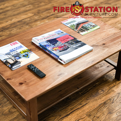 sturdy fire department furniture wooden coffee table in day room light pine varnish finish fire station living room furniture