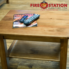 sturdy fire department furniture wooden end table in day room light pine varnish finish fire station living room furniture