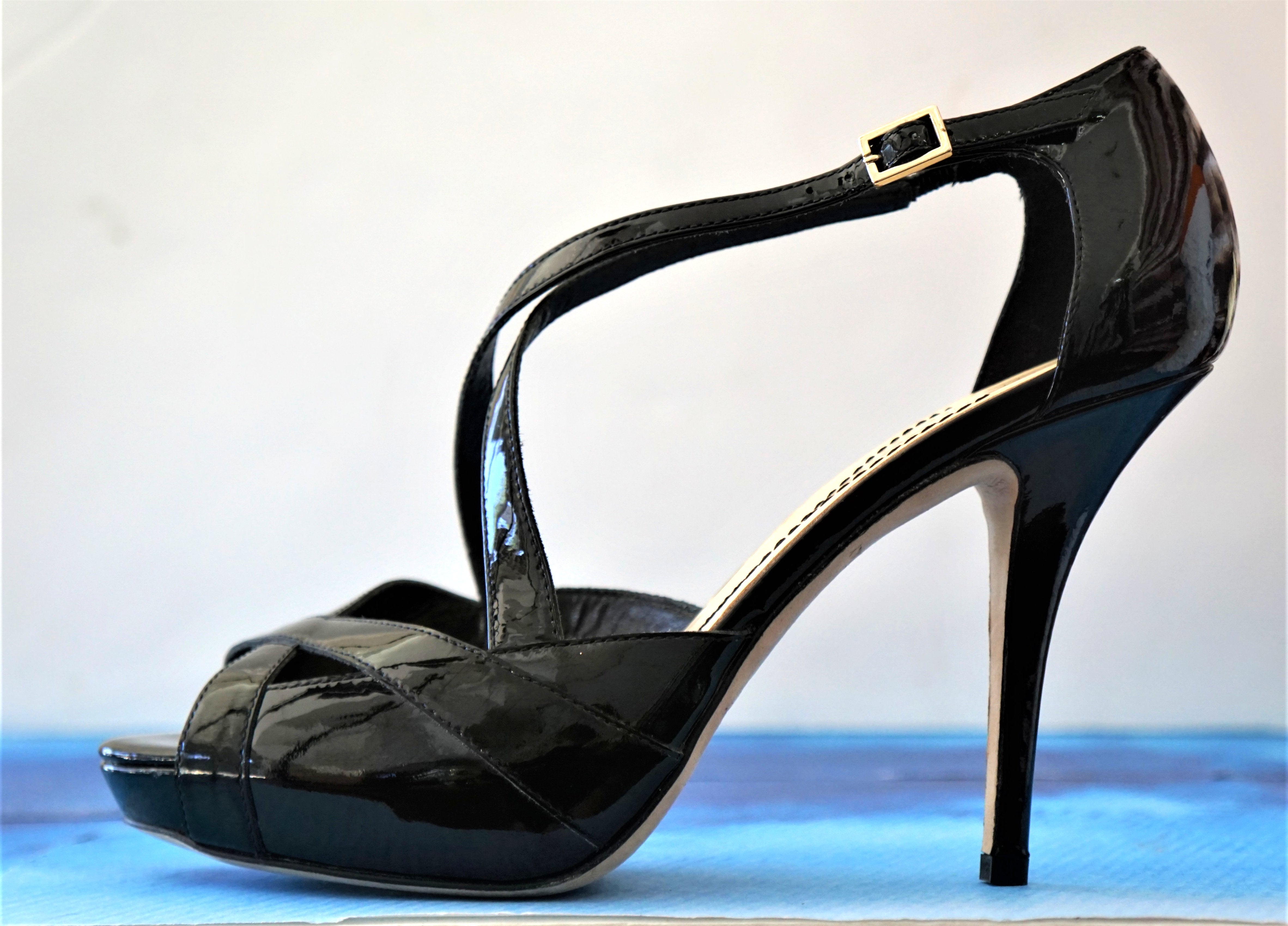 black patent leather strappy heels