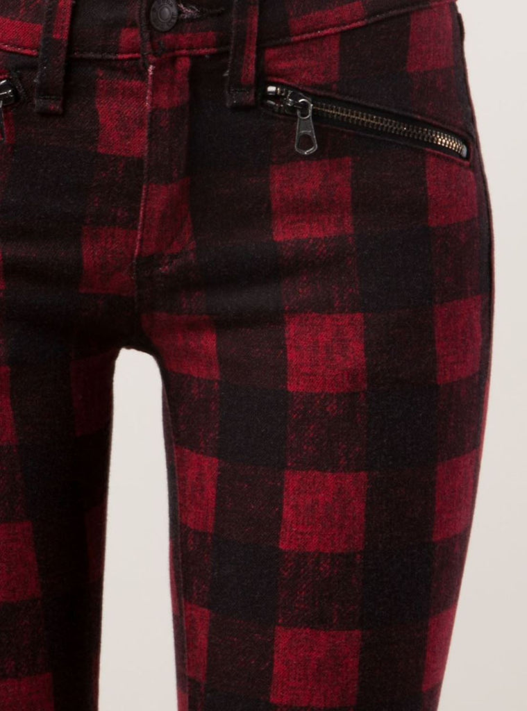 red and black plaid jeans