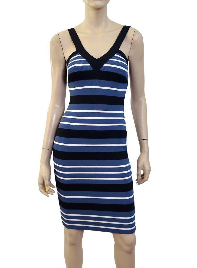 blue and white striped sleeveless dress