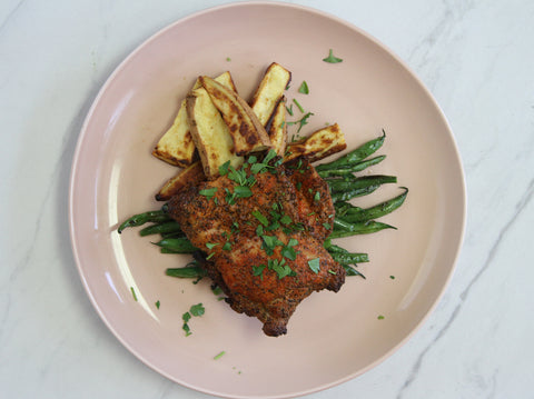 Cajun Roasted Chicken with Southern Green Beans and Sweet Potato Wedges